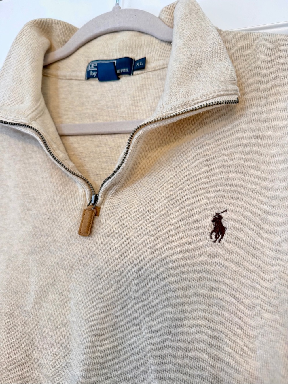 Polo Ralph Lauren 1/4 Zip Mens Oatmeal Beige Cotton Pullover Sweater Size XL - Picture 2 of 11